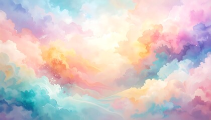 Pastel clouds blend softly in the sky. A hazy light shines from the center of the cloudscape, creating a dreamy scene