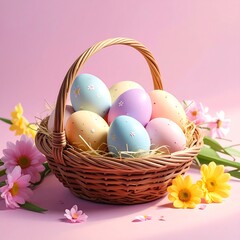 Pastel colored easter eggs in a brown woven basket with small yellow and pink flowers on a pink background