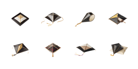 Collection of traditional black and gold patterned diamonds and parafoil kites with spools for festival flying on transparent background