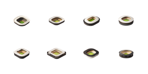 Collection of eight isometric sports stadium icons featuring various architectural styles and shapes on transparent background
