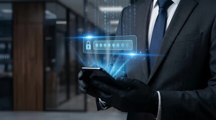 Businessman in Dark Suit with Gloves Holding Smartphone Displaying Password Field with Glowing Lock Icon in Modern Office - Powered by Adobe