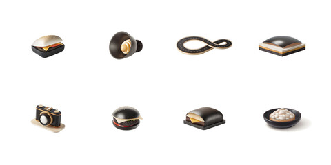 A collection of eight stylized black and gold 3d rendered icons representing fast food technology travel and dining concepts on transparent background