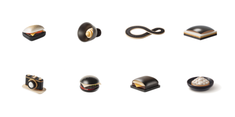 A collection of eight stylized black and gold 3d rendered icons representing fast food technology travel and dining concepts on transparent background