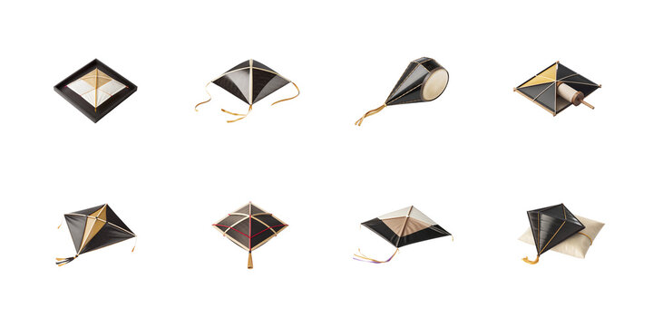 Collection of traditional black and gold patterned diamonds and parafoil kites with spools for festival flying on transparent background
