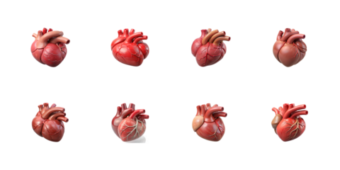 A collection of various detailed anatomical human heart illustrations displayed in a grid format on transparent background