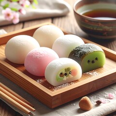 Pastel mochi assortment arranged on a wooden tray, with a tea bowl and chopsticks on a wooden table