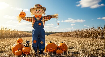 Cheerful straw figure stands guard over a field of harvested cornstalks surrounded by carved pumpkins