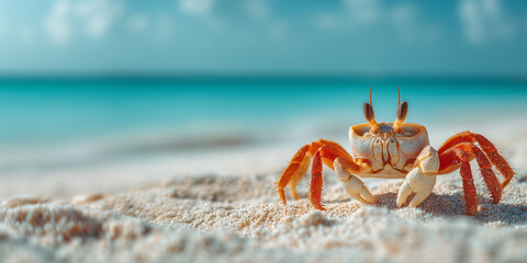 Adorable funny little crab on exotic tropical sandy beach against sea view landscape, summer holiday concept background.