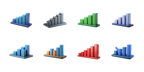 Collection of eight 3d stylized ascending bar charts showing various colored statistical growth concepts on transparent background