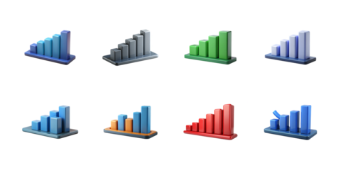 Collection of eight 3d stylized ascending bar charts showing various colored statistical growth concepts on transparent background