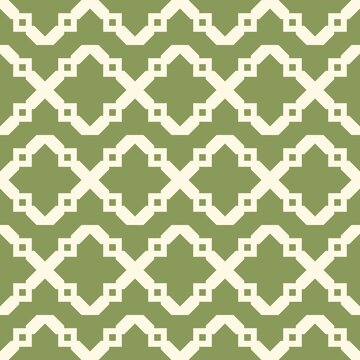 Seamless pattern with ivory geometric trellis on sage green background. Elegant Art Deco inspired repeating tile for organic branding, wallpaper, and textile design