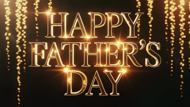 Golden Happy Fathers Day text with sparkling lights and bokeh effect celebration greeting