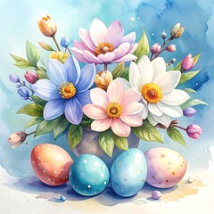 Pastel watercolor of an Easter floral arrangement with painted eggs against a bright blue and white background
