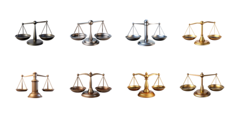 Collection of various metallic justice scales showcasing balance and equilibrium concepts in different finishes on transparent background