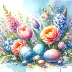 Pastel watercolor painting featuring Easter eggs nestled among vibrant flowers, creating a gentle, spring-themed scene