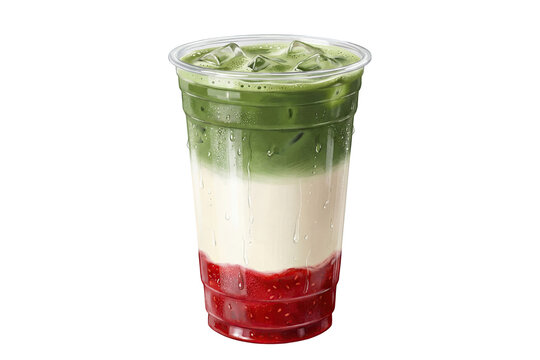digital painting of iced strawberry matcha latte with condensation and visible seeds