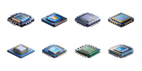 A collection of eight detailed isometric 3d microprocessor chip icons showcasing various futuristic designs on transparent background
