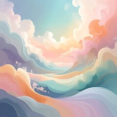 Pastel waves roll towards a glowing horizon, crowned by fluffy clouds in a soft, dreamlike landscape