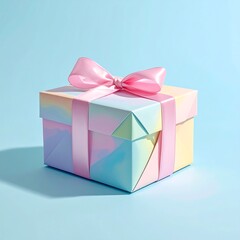 Pastel-colored gift box with a pink satin ribbon, casting a soft shadow on a light blue background