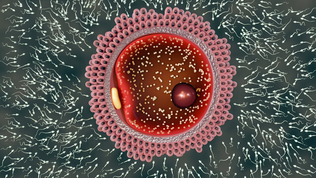 3D illustration of human fertilization: sperm surround the ovum, competing to penetrate. Highlighted is the acrosome reaction, where enzymes help a single sperm break the egg's protective layers.