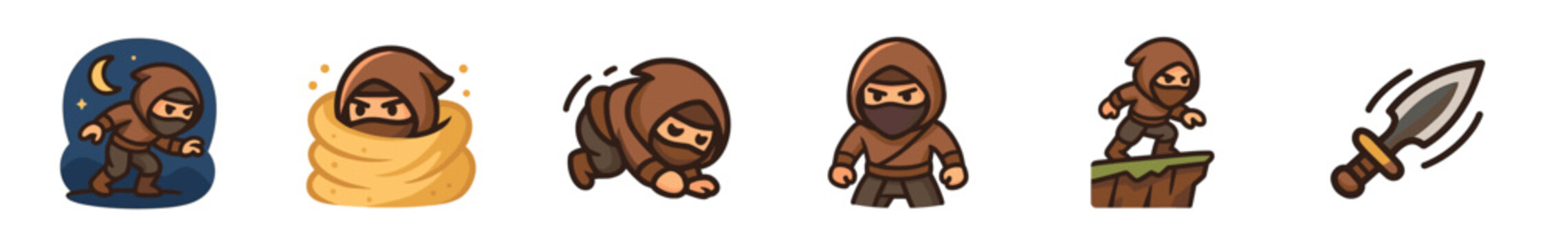 Set of cartoon ninja character icons showing different poses and actions like sneaking at night, hiding, rolling, and standing with a separate dagger illustration for a video game