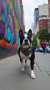 Boston Terrier dog wearing a bandana walks down a city street with graffiti art