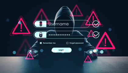 Hacker in hoodie using laptop with login interface and warning signs representing cybersecurity threats and password hacking concept.