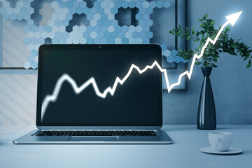 Business growth concept with rising chart emerging from laptop screen on modern office desk with hexagonal wall decor and plant vase. 3D Rendering