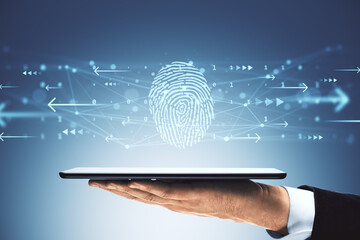 Digital fingerprint identification concept with businessman holding tablet and biometric scan symbol on futuristic technology background.
