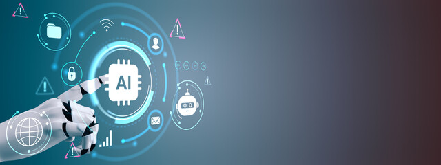 Robotic hand interacting with AI interface and digital icons on futuristic blue gradient background representing cybersecurity and automation concept.