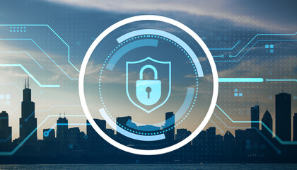 Fototapeta na wymiar Cybersecurity lock symbol over digital interface and modern city skyline at dusk, representing urban data protection and digital safety concepts.