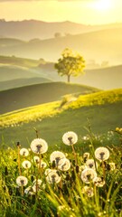 Pastoral scene dandelions in field, grassy hills under soft light, solitary tree, serene and peaceful atmosphere