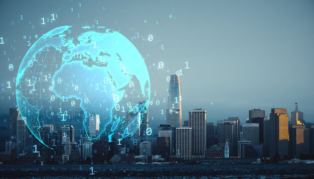 Digital globe with binary code overlaying modern city skyline at sunset, symbolizing global data networks and urban technological integration. - Powered by Adobe