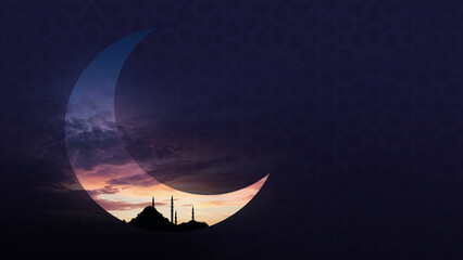 Islamic Crescent Moon with Mosque Silhouette at Sunset