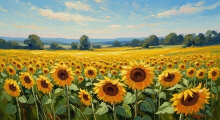 Obraz premium Golden vista: A vast expanse of sunflowers stretches towards the horizon under a bright blue sky, the vibrant yellow blooms create a stunning visual symphony, evoking warmth.