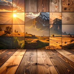 Patchwork landscape backdrop. Wood panel floor, mosaic wall shows mountain sunset, creating warm, rustic, scenic view