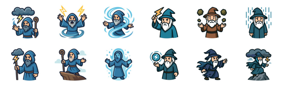 Set of cartoon wizard character mascots casting various elemental magic spells like lightning, wind, and earth in different poses, designed as a fantasy sticker or icon collection