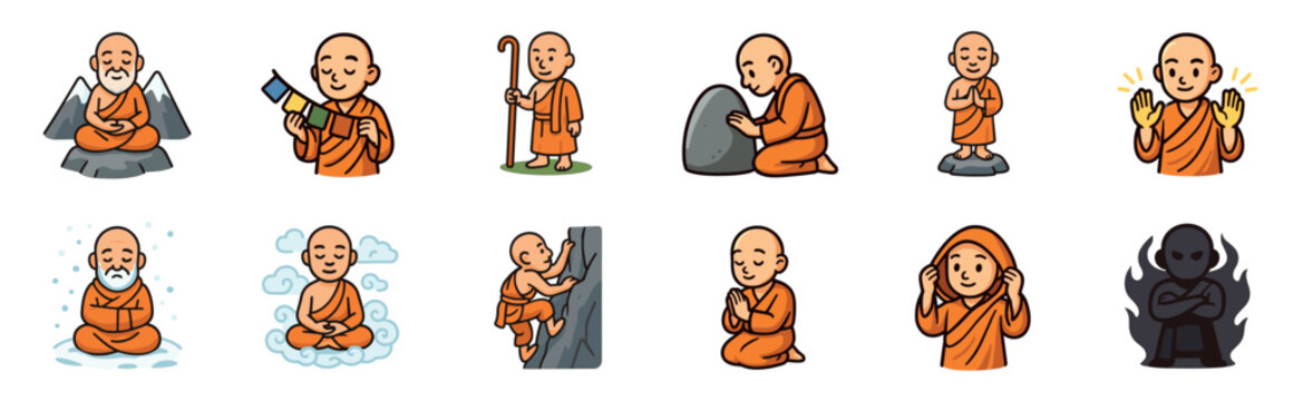 Set of twelve illustrated Buddhist monk icons showing spiritual practices like mountain meditation, prayer, pilgrimage, and facing inner demons in a cute cartoon style