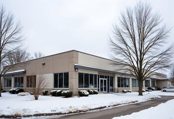 Business park exterior in winter with bare trees and gray sky. Realistic corporate architecture with muted colors and empty professional environment.