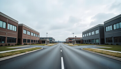 Suburban business park with empty internal road between office buildings, professional corporate environment