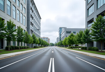Modern business park exterior with clean internal road and office buildings on an overcast day. Realistic corporate architecture with subdued colors and professional business environment.