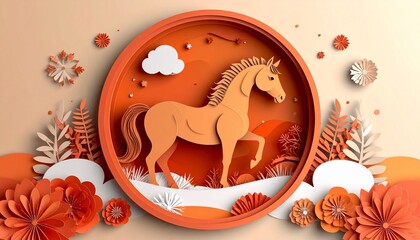 Vibrant orange horse in a whimsical floral landscape with clouds