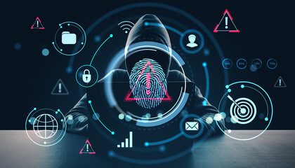 Cybercrime and identity theft concept with hooded figure surrounded by digital security icons and biometric fingerprint scan overlay on dark background.