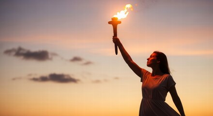 Torchbearer Silhouette: A woman, standing resolute against a breathtaking sunset, holds aloft a burning torch, a symbol of enlightenment and guidance.