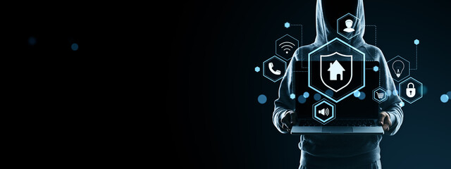 Cybersecurity concept showing anonymous hoodie figure with digital icons for home security and data protection on dark background.