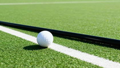 White golf ball and black club shaft on green artificial grass with white line. Close up of sports equipment on a sunny field. Golf course background with copy space
