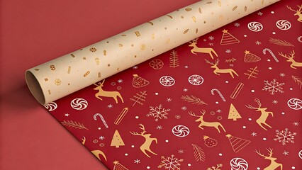 Red Christmas wrapping paper with festive reindeer and snowflake pattern, rolled out on red background