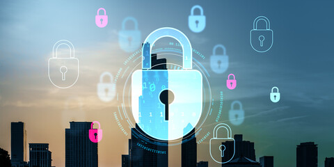 Digital security concept with transparent padlocks overlaying a cityscape at sunset, symbolizing data protection in urban environments.