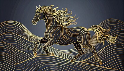 Golden horse running through wavy lines on dark background