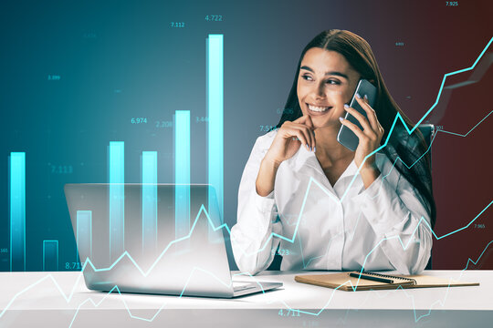 Businesswoman talking on phone with laptop and financial graph overlay in modern office, symbolizing corporate strategy and growth success. - Powered by Adobe